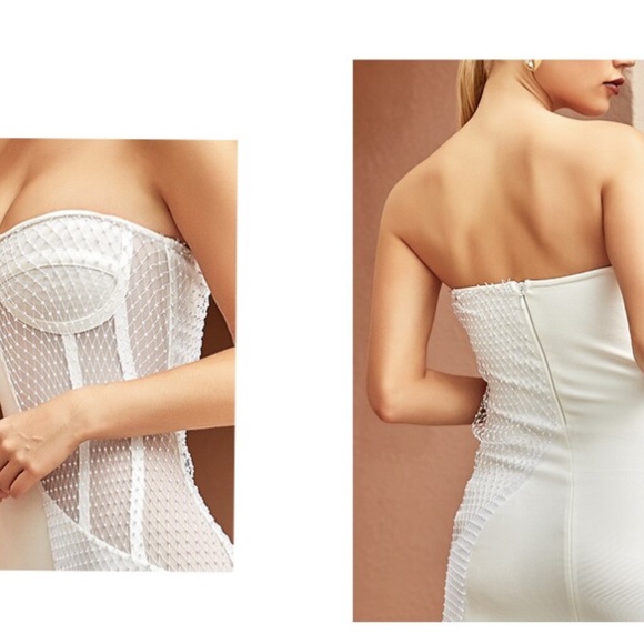 WHITE STRAPLESS BANDAGE DRESS LACE OVERLAY CORSET - Picture 9 of 16